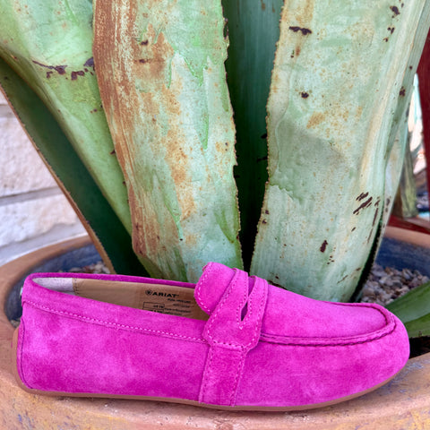 Women’s Ariat suede moccasin shoe in hot pink, with cushioned insole and Duratread outsole – 10061292. Available at Blair's Western Wear, Marble Falls, TX.
