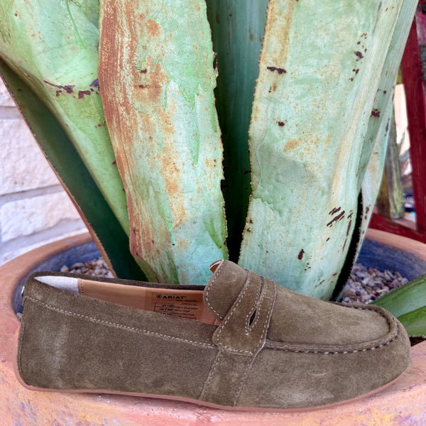 Women’s Ariat Moccasin Suede Olive, cushioned removable insole, with flexible rubber sole – 10061293. Available at Blair’s Western Wear, Marble Falls, TX.