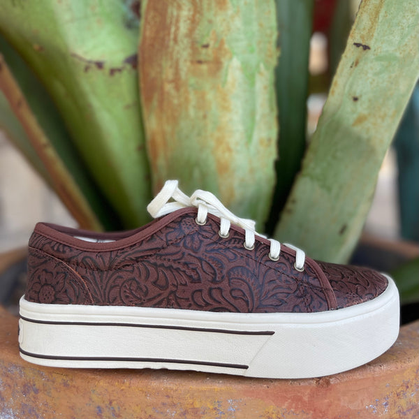 Women’s Ariat Brown Floral Embossed Lace-Up Shoe with springy FLX Foam™ midsole for cushioned comfort, Duratread™ outsole for wear resistance – 10061258. Available at Blair’s Western Wear, Marble Falls, TX.