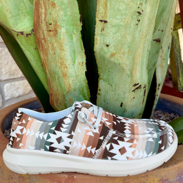 Women’s Ariat Slip-On Multi-Color Hilo Aztec shoe, featuring elasticized lace entry and lightweight FLX Foam™ outsole – 10063829. Available at Blair’s Western Wear, Marble Falls, TX.