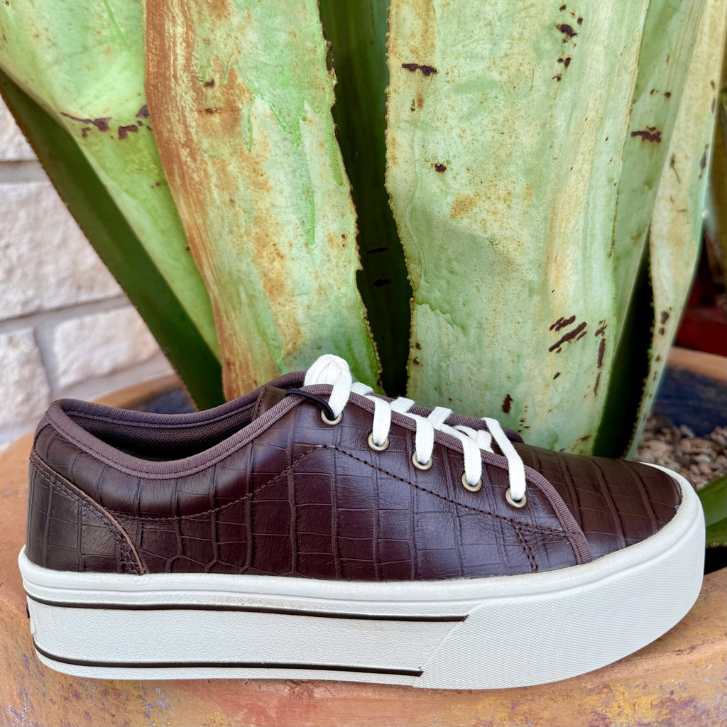 Women’s Ariat sneaker in espresso croc print, featuring a croc-embossed upper for standout texture, with a cushioned platform sole for added comfort - 10063890. Available at Blair's Western Wear, Marble Falls, TX.