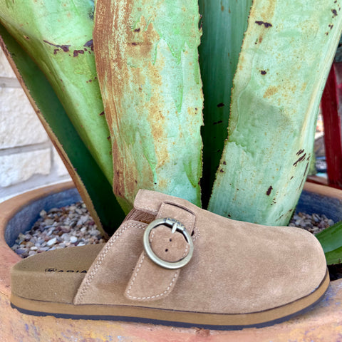 Women’s Ariat suede sandal in caramel, cushioned footbed for comfort, with a durable traction outsole – 10061236. Available at Blair’s Western Wear, Marble Falls, TX.