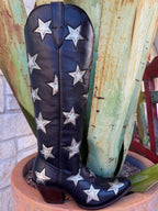 Women’s Ariat Western snip toe boot in black, built from full-grain leather that molds to your foot over time for a personalized fit and long-lasting durability, with metallic silver star inlays delivering bold Western style - 10074351. Available at Blair's Western Wear, Marble Falls, TX.