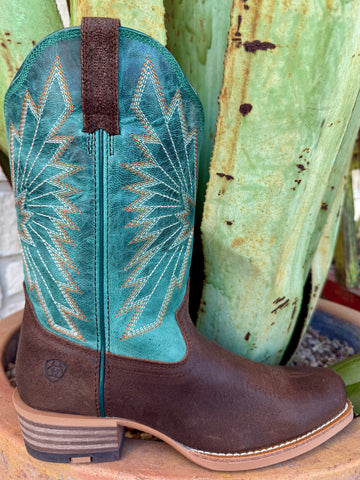 Women’s Ariat western snip toe boot in aged seaweed and rustic brown, distressed leather foot that softens with wear, with lightweight Neo outsole for flexible all-day comfort – 10053604. Available at Blair's Western Wear, Marble Falls, TX.