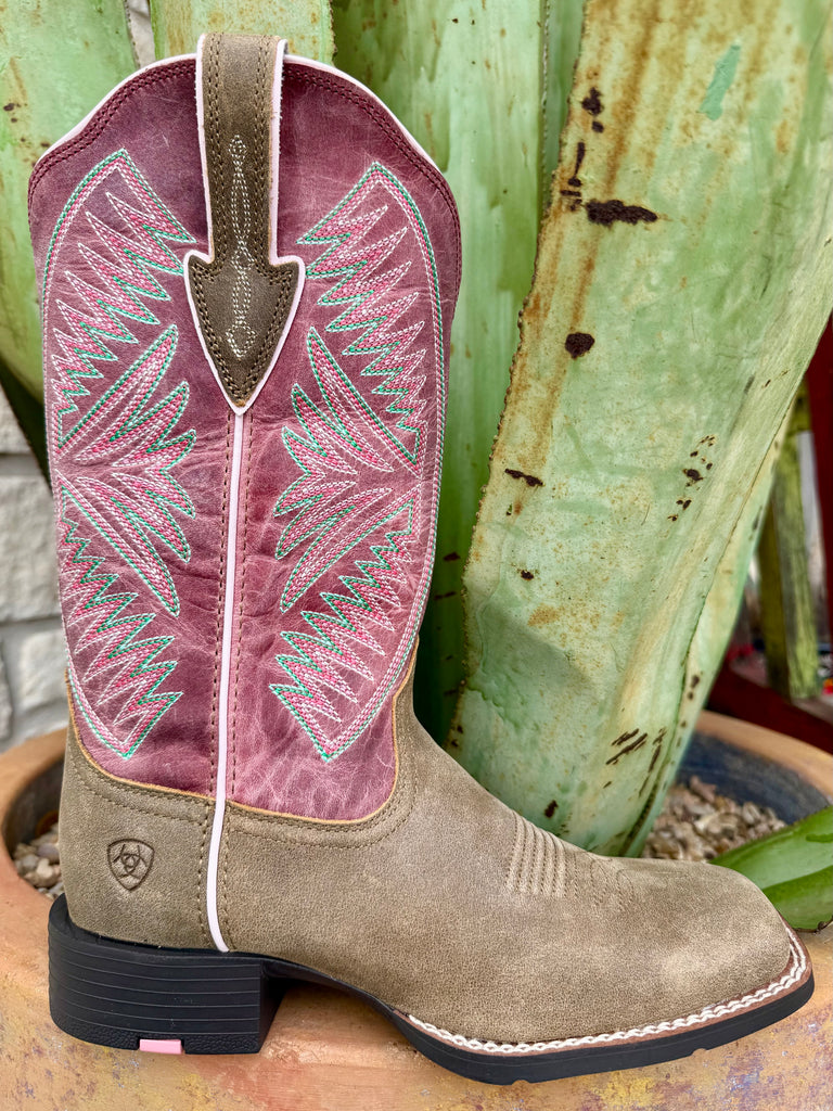 Women’s Ariat Western Boot square toe boot in brown and mauve, built with a durable suede foot that resists scuffs while maintaining a soft feel, with lightweight cushioned sole that reduces foot fatigue - 10074331. Available at Blair's Western Wear, Marble Falls, TX.