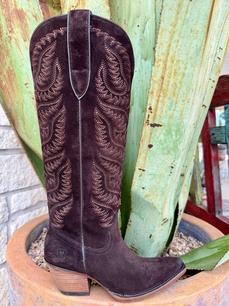 Women’s Ariat Western Boot in French Roast Suede, features stretch-fit calf panels for flexible sizing, with a leather sole that’s built to last – 10063926. Available at Blair's Western Wear, Marble Falls, TX.