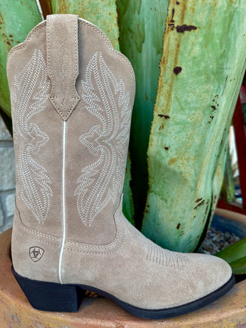 Women’s Ariat western boot round toe in taupe, soft suede leather for immediate comfort, with stretch-fit shaft for easier pull-on wear – 10074324. Available at Blair's Western Wear, Marble Falls, TX.