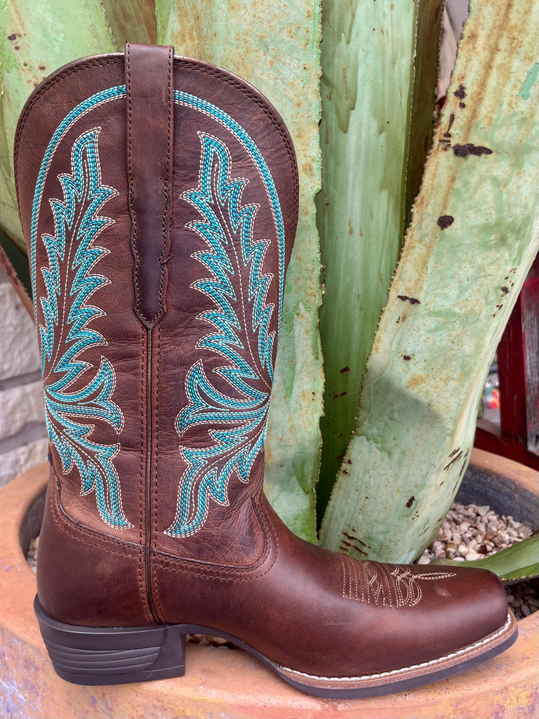 Women’s Ariat Western Boots leather footwear in Sassy Brown with turquoise stitching, featuring a narrow cutter toe and Shock Shield® comfort outsole - 10061144. Available at Blair's Western Wear, Marble Falls, TX