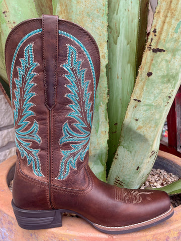 Women’s Ariat Western Boots leather footwear in Sassy Brown with turquoise stitching, featuring a narrow cutter toe and Shock Shield® comfort outsole - 10061144. Available at Blair's Western Wear, Marble Falls, TX