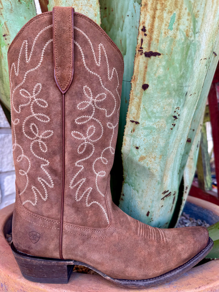 Women’s Ariat Western distressed boot in brown, crafted from soft distressed suede leather that breaks in comfortably, with classic Western floral shaft embroidery and a supportive stacked heel – 10053790. Available at Blair's Western Wear, Marble Falls, TX.