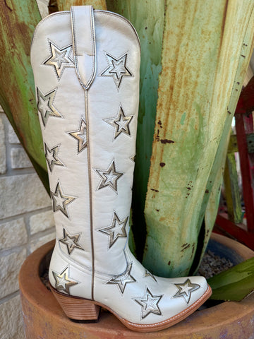Women's Ariat Western Casanova Stars Boot in Ivory Pearl, premium full-grain leather upper for lasting comfort and style, with metallic star inlays and a stacked leather heel - 10074350. Available at Blair's Western Wear, Marble Falls, TX.