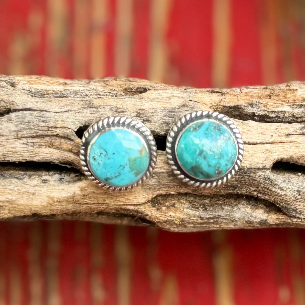 Women’s BOHO SOL Earrings Circle Post Earrings in Turquoise/Silver, Genuine turquoise stones offer vibrant natural color, with a sterling silver rope-edged setting for a handcrafted Western look – T179. Available at Blair's Western Wear, Marble Falls, TX.