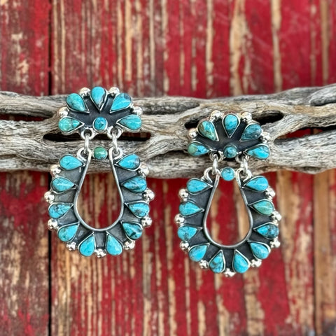 Women's BOHO SOL Earrings Turquoise/Silver Oval Dangle in turquoise, handcrafted with genuine turquoise stones, with a lightweight sterling silver oval design - T1498. Available at Blair's Western Wear, Marble Falls, TX.