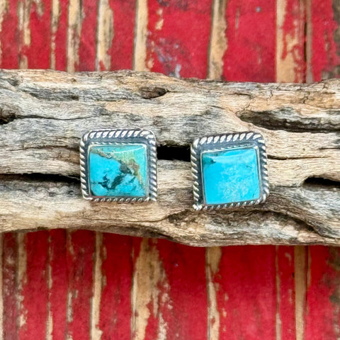Women's BOHO SOL Earrings Turquoise/Silver Square Post Earrings in blue turquoise, Genuine turquoise stones offer one-of-a-kind natural matrix patterns, with Sterling silver post and bezel setting ensures secure wear and lasting durability - T178. Available at Blair's Western Wear, Marble Falls, TX.