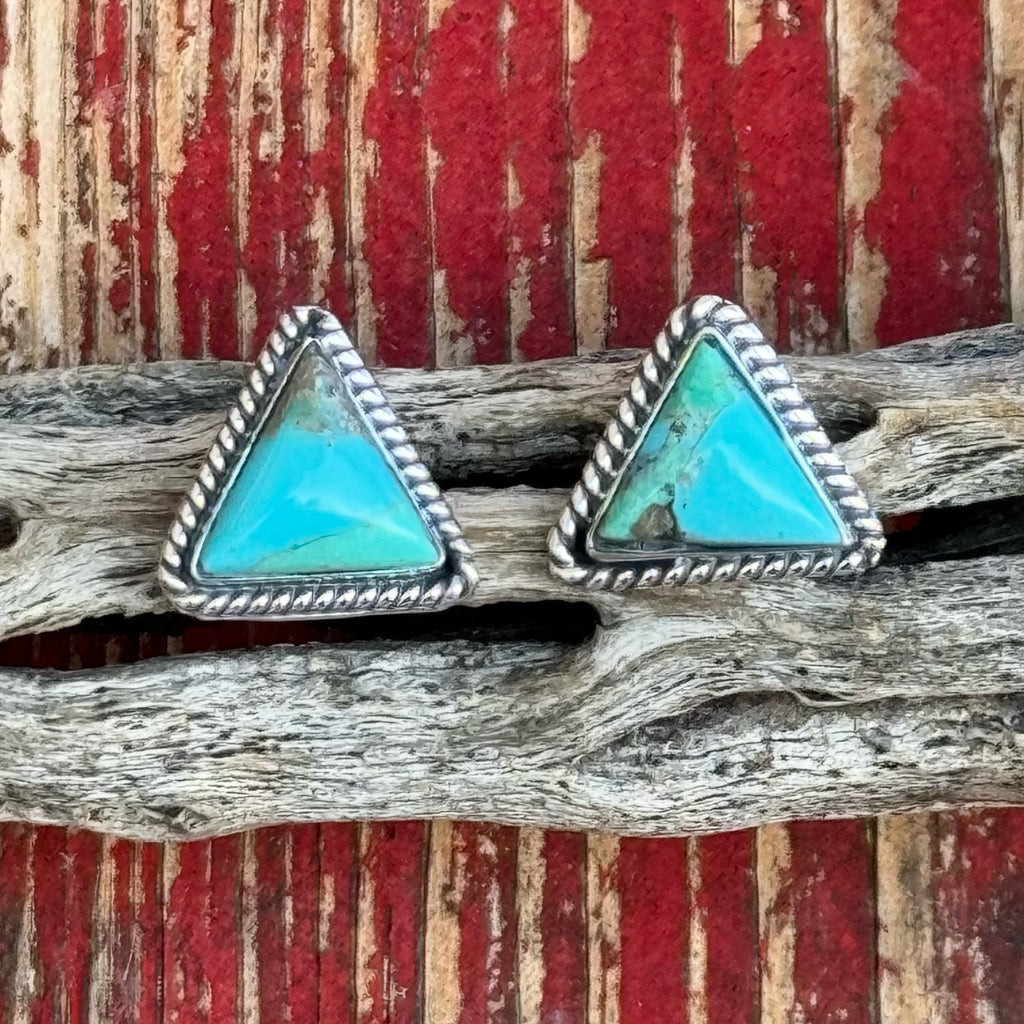 Women’s BOHO SOL Earrings Triangle Post Earrings in Turquoise/Silver, Genuine turquoise stones deliver natural color variation, with Lightweight post-back design for comfortable wear - T177. Available at Blair's Western Wear, Marble Falls, TX.