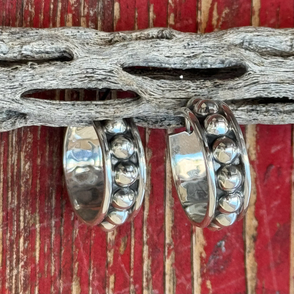 Women's BOHO SOL Hoop Earrings Mini Ball in Silver, crafted from high-polish sterling silver for a bold shine, with rounded ball detailing for a modern southwestern look - 89116. Available at Blair's Western Wear, Marble Falls, TX.