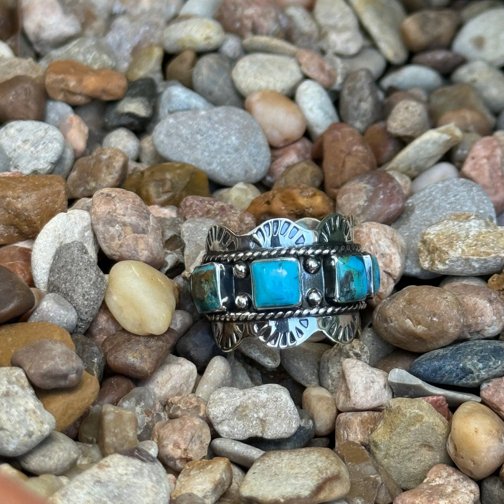 Women's BOHO Silver Ring with Turquoise Scallop Design in Silver, features seven hand-set turquoise stones with natural veining, with oxidized silver and stamped scalloped edges for vintage charm - T5257. Available at Blair's Western Wear, Marble Falls, TX.