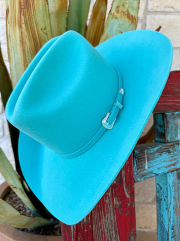 Women’s Bailey Cowboy Hat in turquoise, crafted from a 4X wool and angora blend, featuring a cattleman crown with a silver buckle set – W0604A. Available at Blair’s Western Wear, Marble Falls, TX.