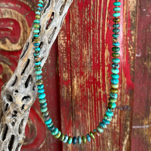 Women’s Bijoux necklace disk necklace in green and turquoise, genuine turquoise-toned disk beads in varied hues, lightweight graduated bead design for comfortable all-day wear - BXNKLGDISK. Available at Blair's Western Wear, Marble Falls, TX.