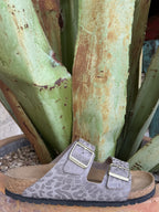 Women's leopard-print two-strap Arizona sandal with an open-toe silhouette — Blair's Western Wear Marble Falls TX