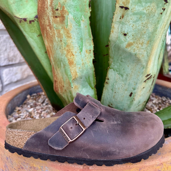 Women’s Birkenstock clog Boston in Habana brown oiled leather, contoured cork-latex footbed shapes to your foot for personalized arch support, with adjustable strap and cushioned soft footbed for lasting comfort - 0159713. Available at Blair's Western Wear, Marble Falls, TX.