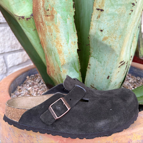 Women’s Birkenstock clog Boston Soft Suede in Mocca, crafted from soft suede leather that flexes naturally with wear, with a cushioned cork-latex soft footbed for supportive all-day comfort - 0660463. Available at Blair's Western Wear, Marble Falls, TX.