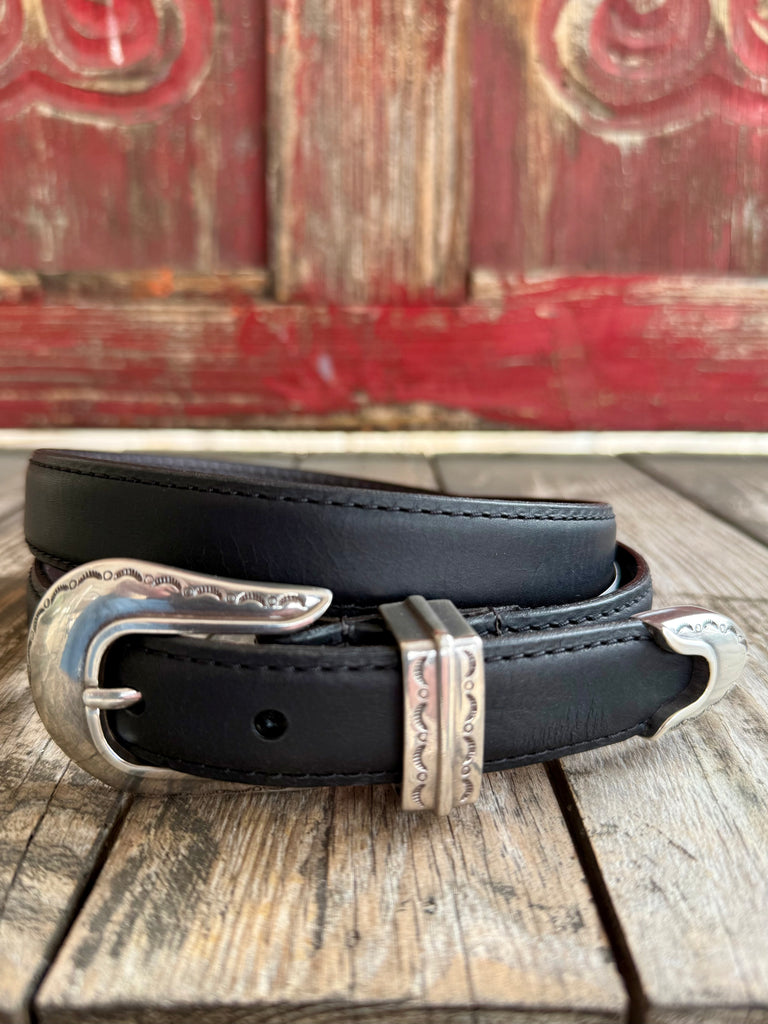 Women’s Bison Designs Belt Leather Belt in Black, crafted from smooth black leather that offers a clean, versatile look while providing the durability needed for everyday wear, with detailed silver-tone western buckle set with engraved accents - VB10001. Available at Blair's Western Wear, Marble Falls, TX.