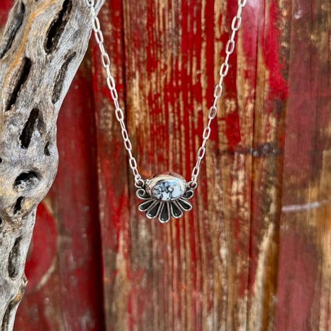 Women’s boho silver necklace with white stone fan-scallop pendant in silver/white, featuring a unique patterned stone cabochon, with a sturdy silver-tone chain for easy layering – T3188W. Available at Blair's Western Wear, Marble Falls, TX.