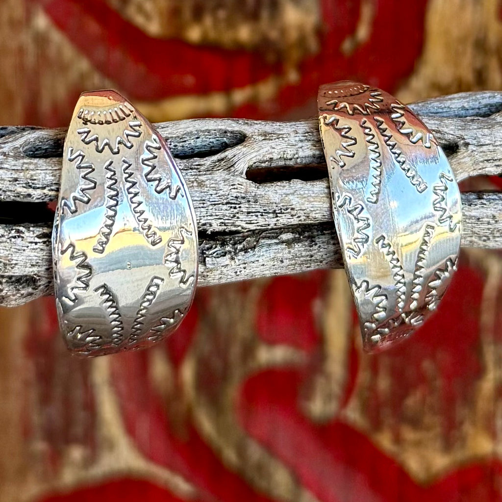 Women's Boho Silver Stamped Oval Post Earrings in Silver, stamped Southwestern-style detailing adds bold texture and visual depth, with polished silver finish that reflects light for standout shine - 71107.B. Available at Blair's Western Wear, Marble Falls, TX.