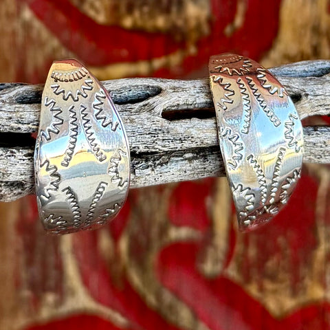 Women's Boho Silver Stamped Oval Post Earrings in Silver, stamped Southwestern-style detailing adds bold texture and visual depth, with polished silver finish that reflects light for standout shine - 71107.B. Available at Blair's Western Wear, Marble Falls, TX.