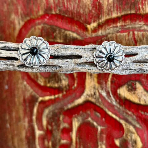 Women’s Boho Sol earring concho post earrings in silver/black, crafted in an oxidized silver finish, with a contrasting black center stone - T1370-OX. Available at Blair's Western Wear, Marble Falls, TX.