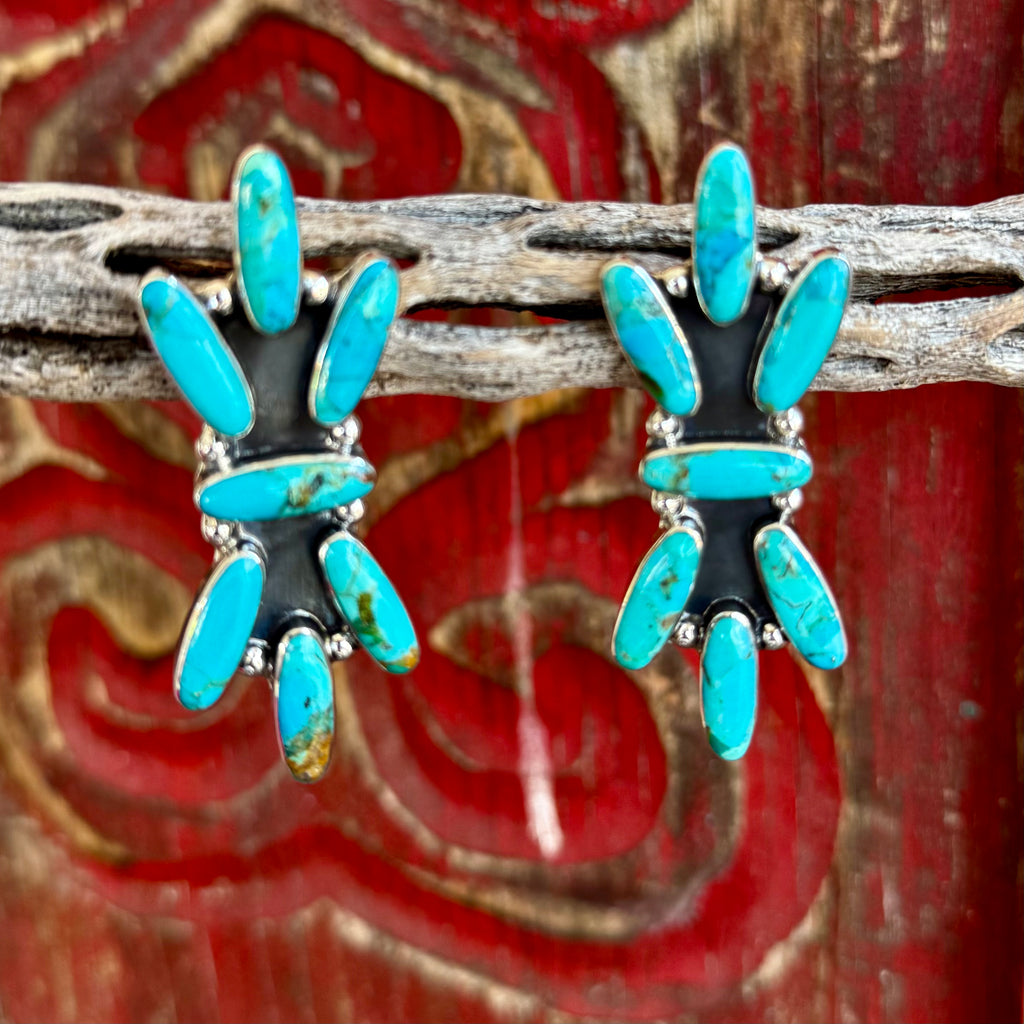 Women’s Boho Sol elongated turquoise earrings in silver and turquoise, featuring hand-set stones, with a lightweight Sol-style cluster design – T1495. Available at Blair's Western Wear, Marble Falls, TX.