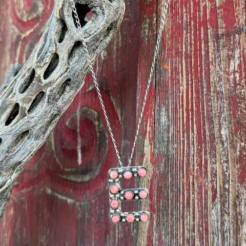 Women’s Boho Sol Necklace Letter E in Pink/Silver, handmade with pink cabochon stones, with durable sterling silver build - T320C.E. Available at Blair's Western Wear, Marble Falls, TX.