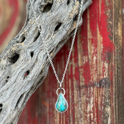 Women's Boho Sol Necklace Teardrop Pendant in Turquoise, teardrop-shaped turquoise stone offers unique color variation, with rope-edged sterling silver bezel for a Western-inspired finish - T315. Available at Blair's Western Wear, Marble Falls, TX.