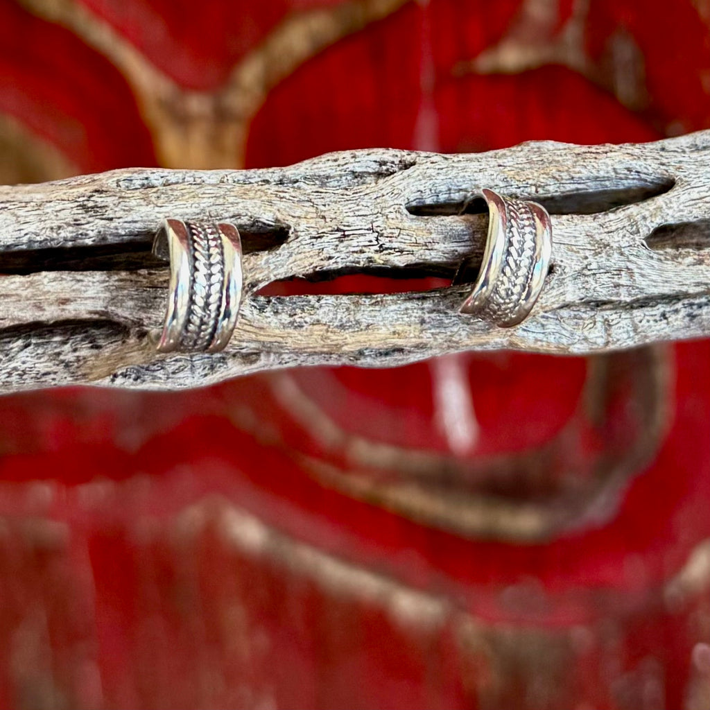 Women’s Boho Sol small hoop silver earrings with etched textured detailing, lightweight for all-day comfort, with smooth rounded edges that prevent snagging – T1424. Available at Blair's Western Wear, Marble Falls, TX.
