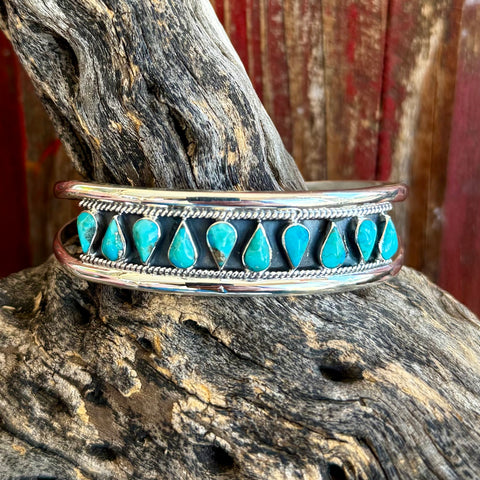 Women’s Boho Sol silver cuff bracelet with turquoise teardrop stones in silver/turquoise, featuring hand-set turquoise accents and an adjustable open-back design – 49403X. Available at Blair's Western Wear, Marble Falls, TX.