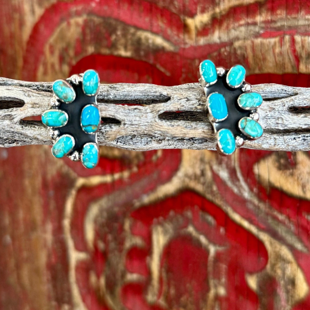 Women’s Boho Sol turquoise cluster post earrings in silver/turquoise, featuring hand-set turquoise stones, with a comfortable lightweight post design – T1421. Available at Blair's Western Wear, Marble Falls, TX