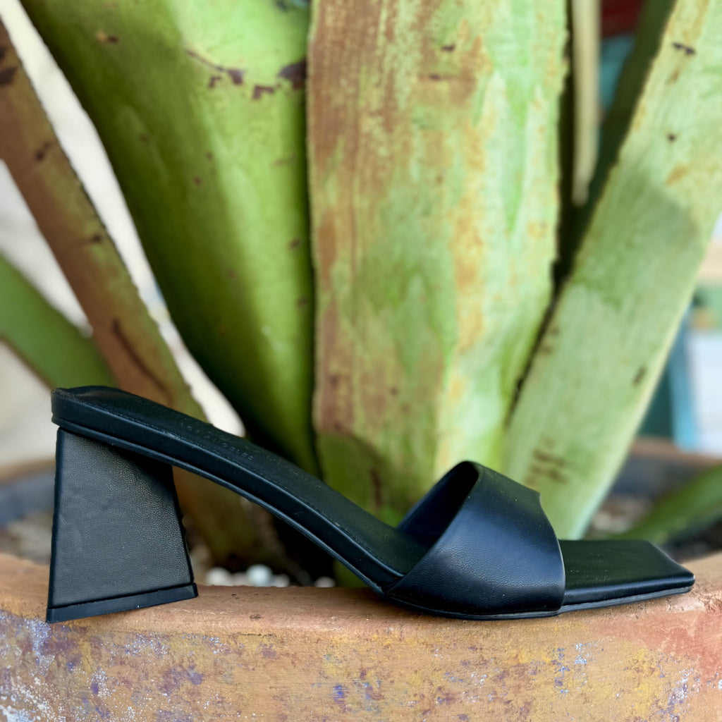 • Women's Chinese Laundry Dress Slide Heel in black, featuring a sleek minimalist design with a triangle block heel and square open toe – BYSK11XWE. Available at Blair's Western Wear, Marble Falls, TX.