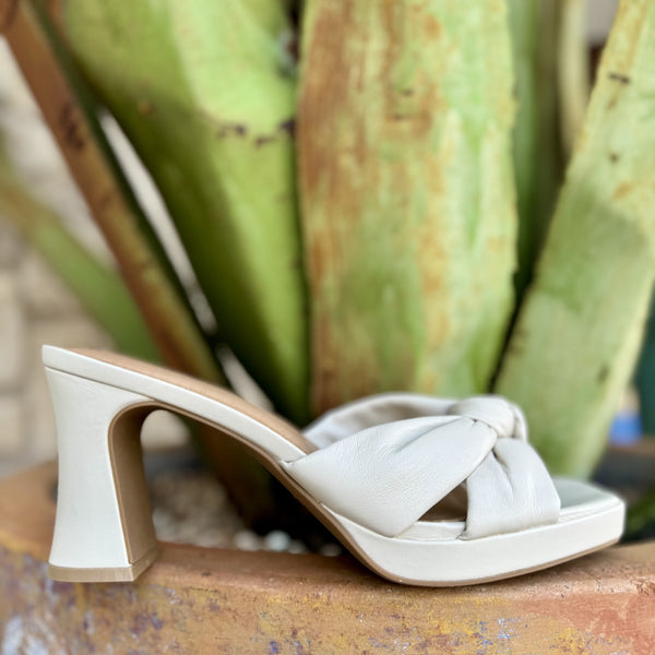 • Women's Chinese Laundry Platform Heel in off-white, featuring a soft knotted upper with a square toe design – BGFP01P9E. Available at Blair's Western Wear, Marble Falls, TX.