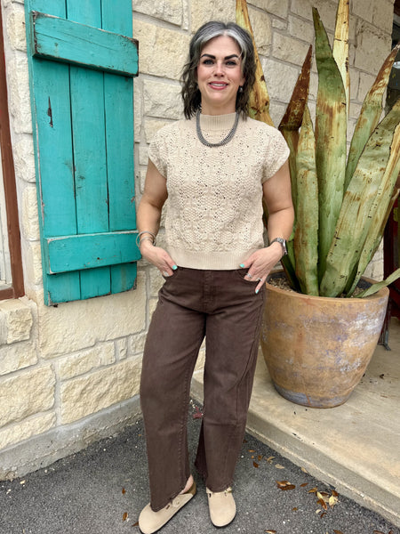 Women's chocolate brown barrel fit jean — full front view showing relaxed barrel leg silhouette — Blair's Western Wear Marble Falls TX