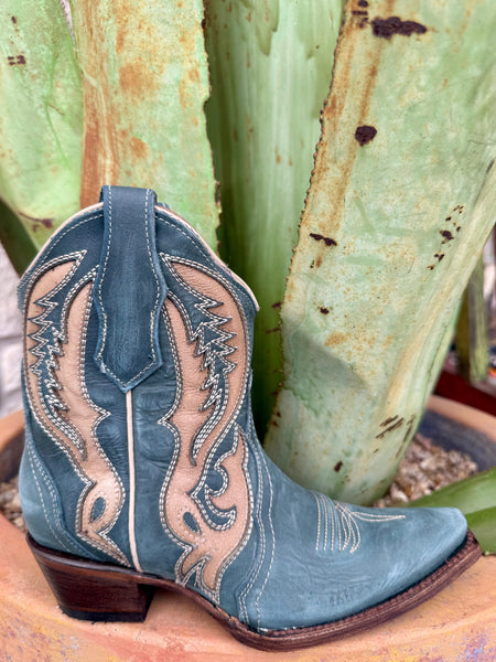 Women’s Circle G Western bootie in teal, crafted from genuine leather that softens with wear, with intricate cream contrast stitching for added style - L6089. Available at Blair's Western Wear, Marble Falls, TX.
