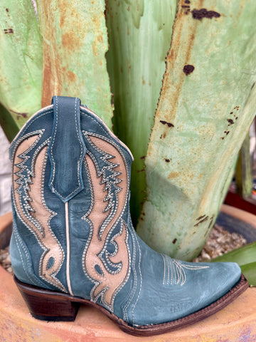 Women’s Circle G Western bootie in teal, crafted from genuine leather that softens with wear, with intricate cream contrast stitching for added style - L6089. Available at Blair's Western Wear, Marble Falls, TX.