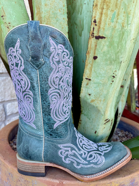 Women’s Corral Boots square-toe leather boot in turquoise with lavender Western embroidery, crafted with a roomy square toe and durable leather sole – T0200. Available at Blair's Western Wear, Marble Falls, TX.