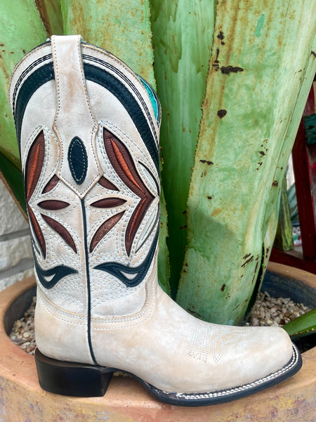 Women's Corral Western Boots leather roper in bone, featuring black and rust inlays on the shaft for standout style, and a snip toe with elegant stitching detail - Z5350. Available at Blair's Western Wear, Marble Falls, TX.