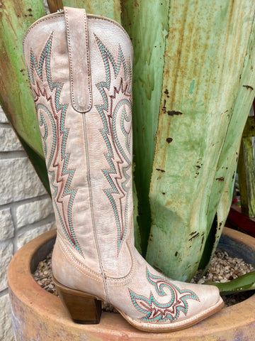 Women’s Corral Western Boots Tall Zip Boot in natural and turquoise, soft distressed leather with vibrant turquoise and burgundy embroidery, easy-entry zipper and snip toe - Z5371. Available at Blair's Western Wear, Marble Falls, TX.