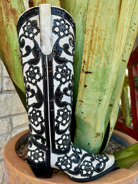 Women’s Corral Western Tall Embroidered Sequin Boot in white, floral embroidered leather with sequin detailing, featuring a tall shaft and snip toe silhouette – A4866. Available at Blair's Western Wear, Marble Falls, TX.