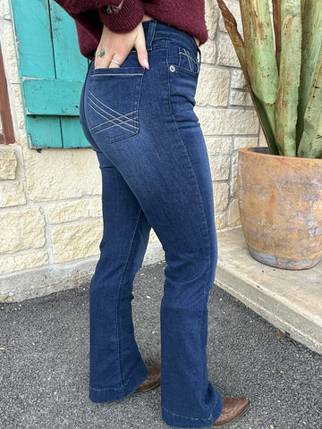 Women’s Cruel Girl Jeans Bootcut Denim in dark wash, flattering bootcut silhouette with signature back pocket stitching - CB76953001. Available at Blair's Western Wear, Marble Falls, TX.
