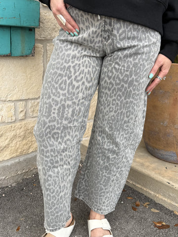 Women’s grey leopard print barrel leg jeans with cropped ankle length and structured knee seam detail - T7327GLP. Available at Blair's Western Wear, Marble Falls, TX