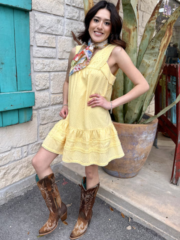 Women’s yellow swiss dot lace trim dress with tiered ruffle skirt and sleeveless design - A4209. Available at Blair's Western Wear, Marble Falls, TX.