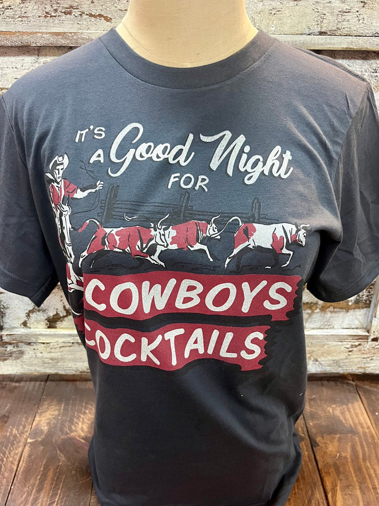 Women's Emily Charcoal T-Shirt with vintage-inspired graphic design, comfortable cotton blend - GOOD NIGHT. Available at Blair's Western Wear, Marble Falls, TX.